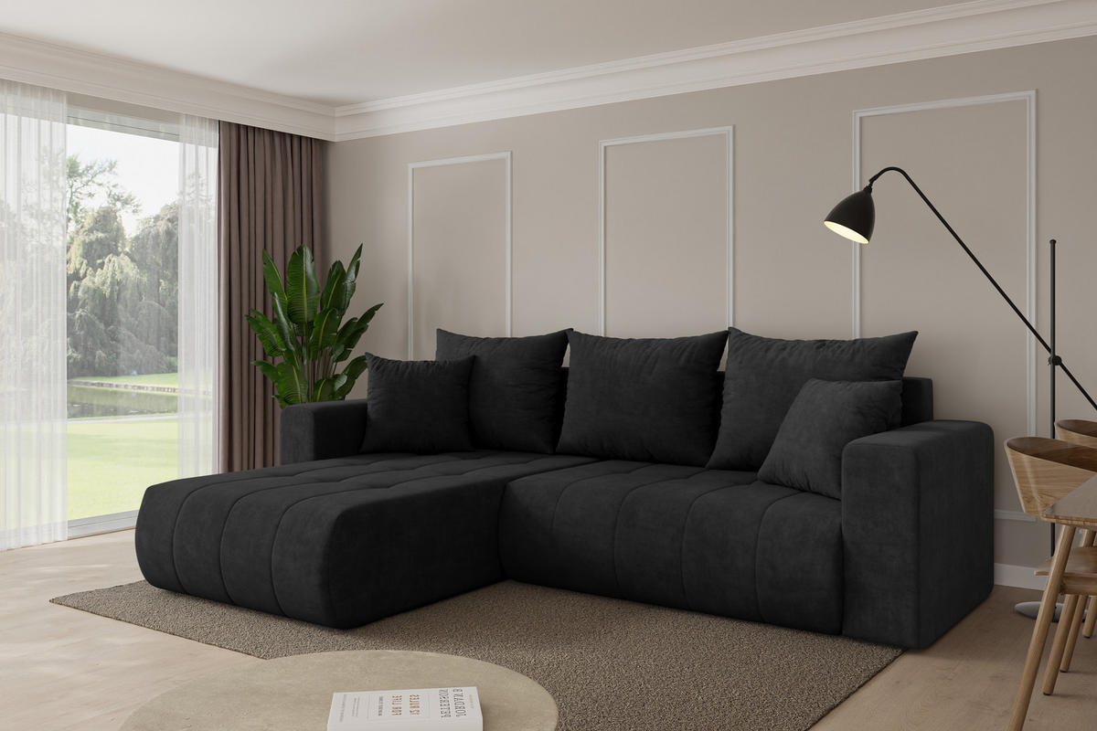 ROHOVÁ SEDAČKA s funkcí spaní, otoman vlevo MILA-L 277x194x86 černá velur - černá, kompozitní dřevo/textil (277/194cm) - ALTDECOR
