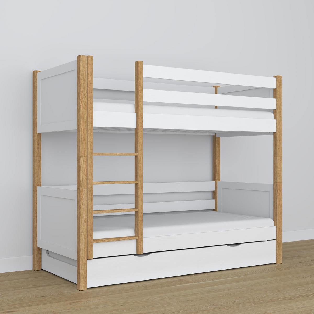 ETAGENBETT N02 mit Matratzenschublade Weiß / Eiche Natur 120/190 - Eiche Artisan/Weiß, Naturmaterialien/Holz (120/190cm) - N-Wood