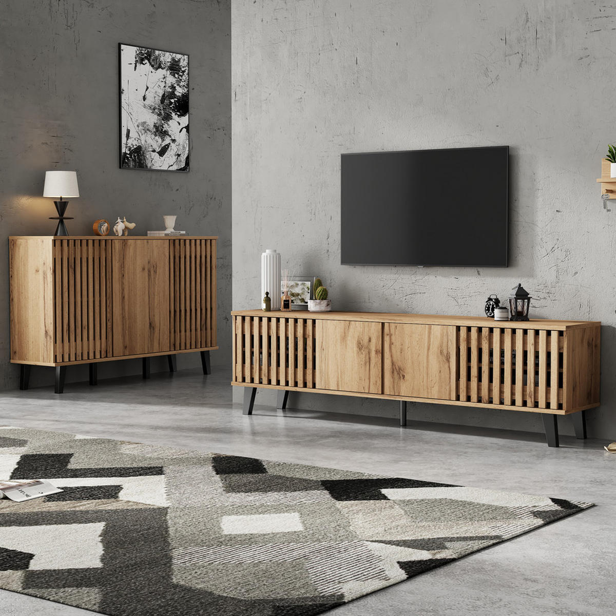 TV-SCHRANK SET Naturholz 180cm & Sideboard 150cm mit Fächern Türen - Braun, Holz (45.72/14.94/108.28cm) - FLIEKS