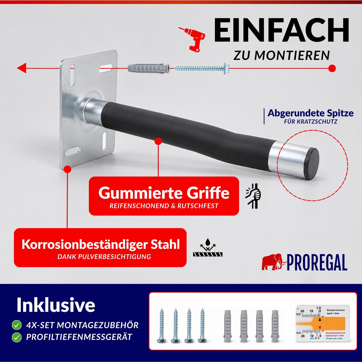 AUTOREIFEN-WANDHALTER PREX PRO 4er Reifen Set HxBxT 17x13x35 cm Traglast 35 kg Schwarz Set für Garage Zum Anschrauben mit hoher Qualität - Schwarz, Metall (35/13/9cm) - PROREGAL