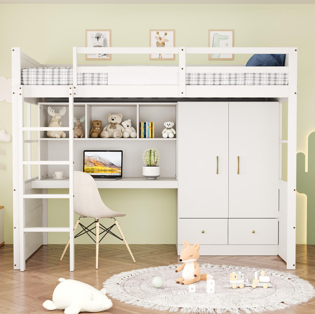 HOCHBETT 90/200 cm mit Leiter, Schreibtisch, Kleiderschrank und Schubladen aus Holzwerkstoff, Weiß - Weiß, Holzwerkstoff (90/200cm) - Redom