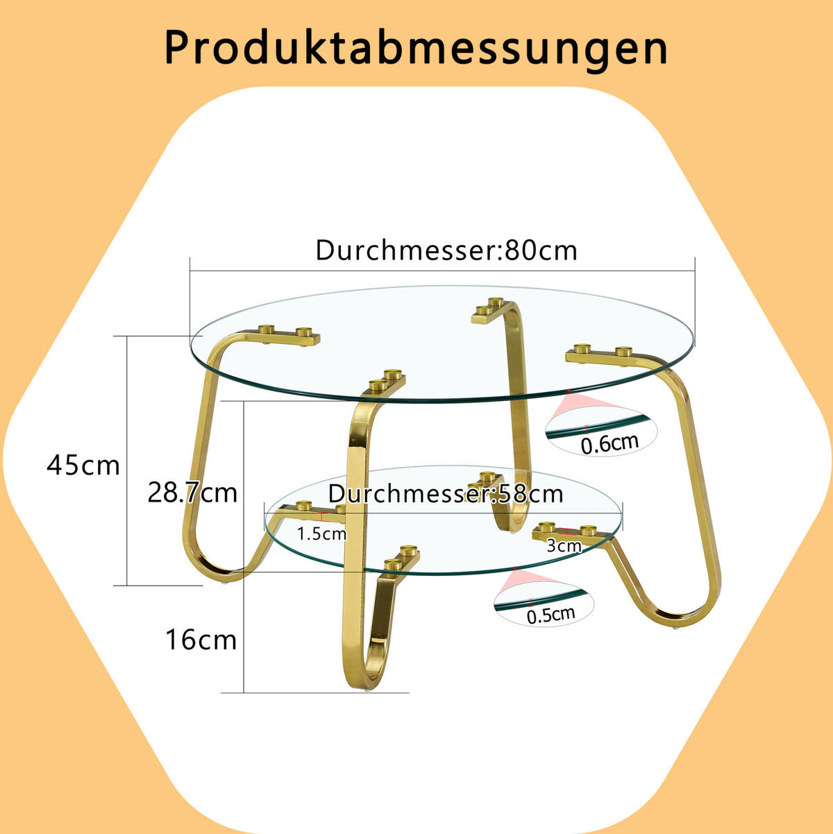 COUCHTISCH 80/80/45 cm mit 2 Glasablagen und Metallgestell in Goldoptik, Gold - Goldfarben, Metall (80/80/45cm) - Redom