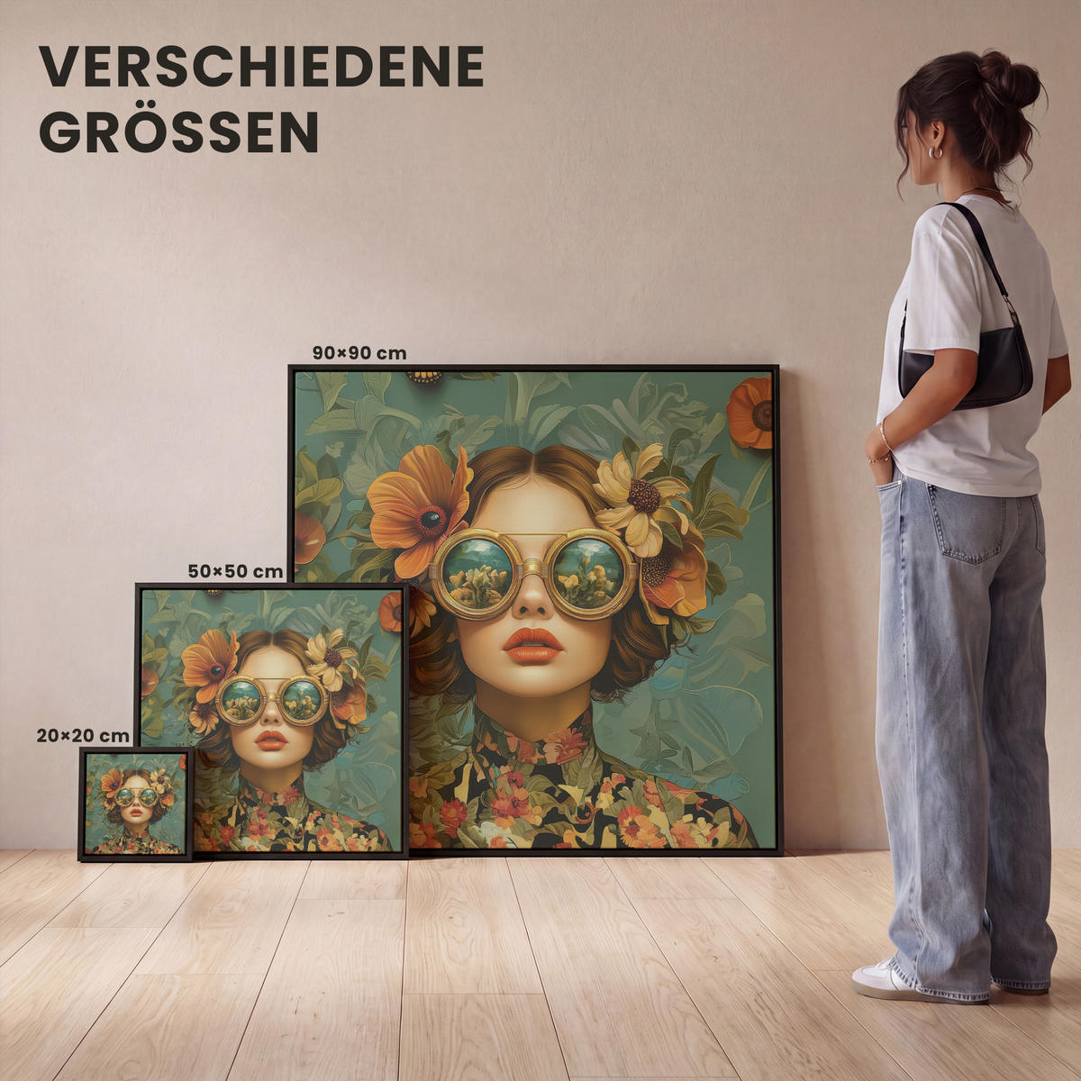 LEINWAND Bilder mit Rahmen - Frau - Blumen - Schmetterlinge - Natur - Vintage - 20x20 - Salbeigrün, Textil (20/20cm) - MuchoWow