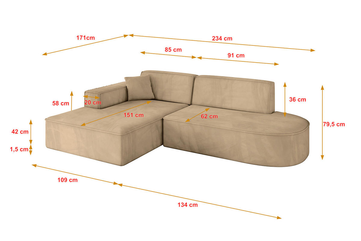 ECKSOFA Ottomane Links IREA-L1-v4 - 234x171x79 cm Beige - Beige, Holzwerkstoff/Textil (234/171cm) - ALTDECOR