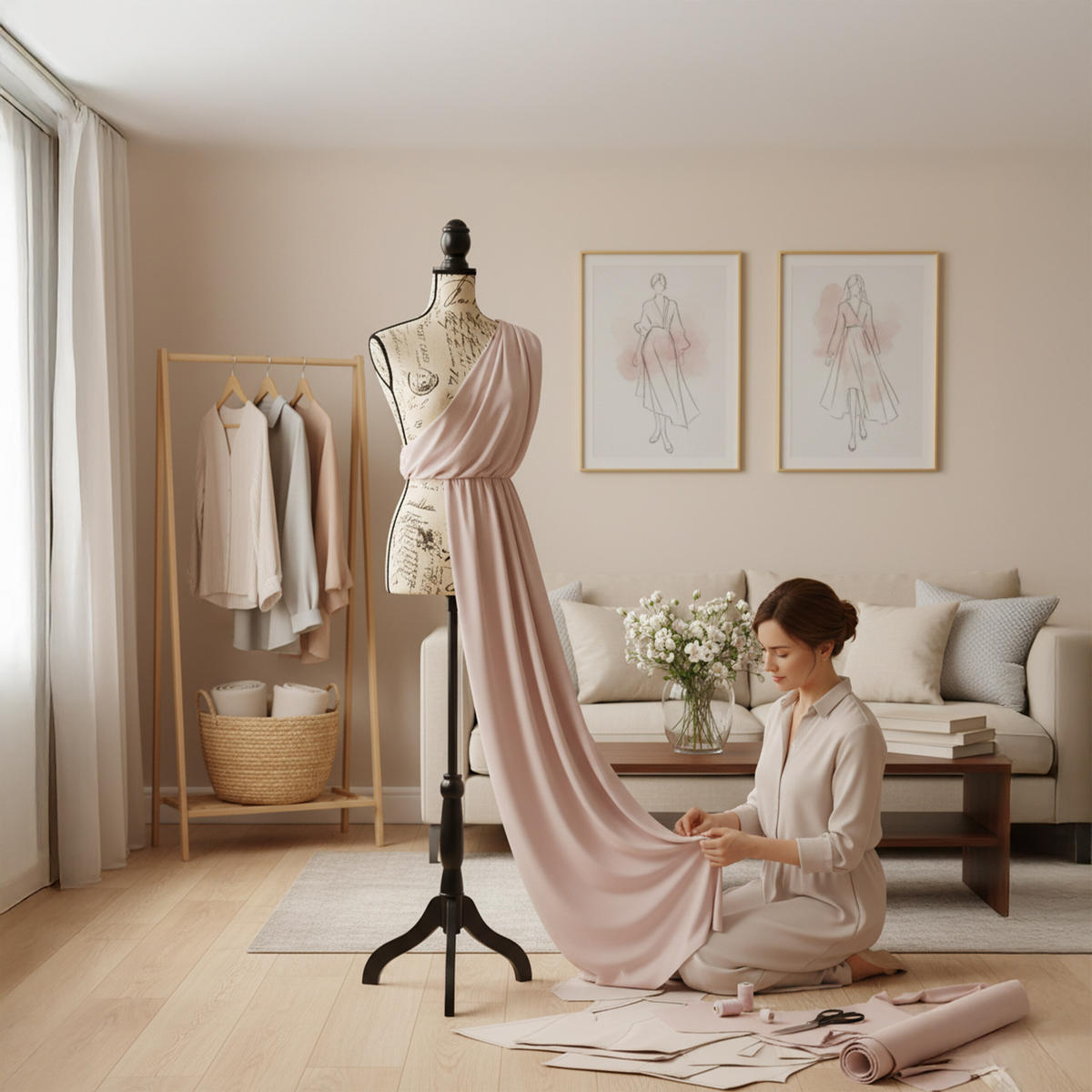 ŠIJACIA panna - béžová, drevo/textil (41/167/34cm) - Relaxdays