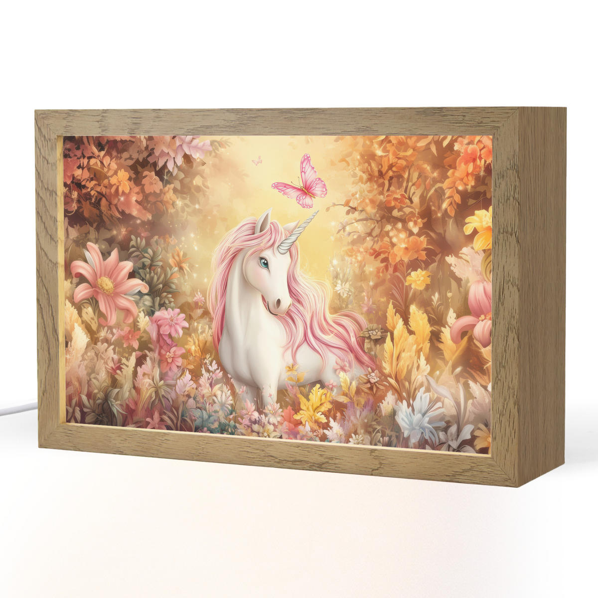 NACHTTISCHLAMPE Einhorn - Blumen - Schmetterling - Rosa 30x20 cm - Beige, Holzwerkstoff (8/30/20cm)