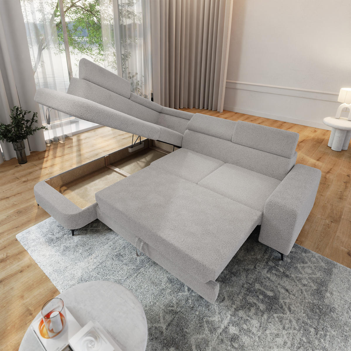 ECKSOFA ALVORO L-S Hellgrau Boucle-Stoff mit Schlaffunktion - Hellgrau, Holz (253/190cm) - MASSENO