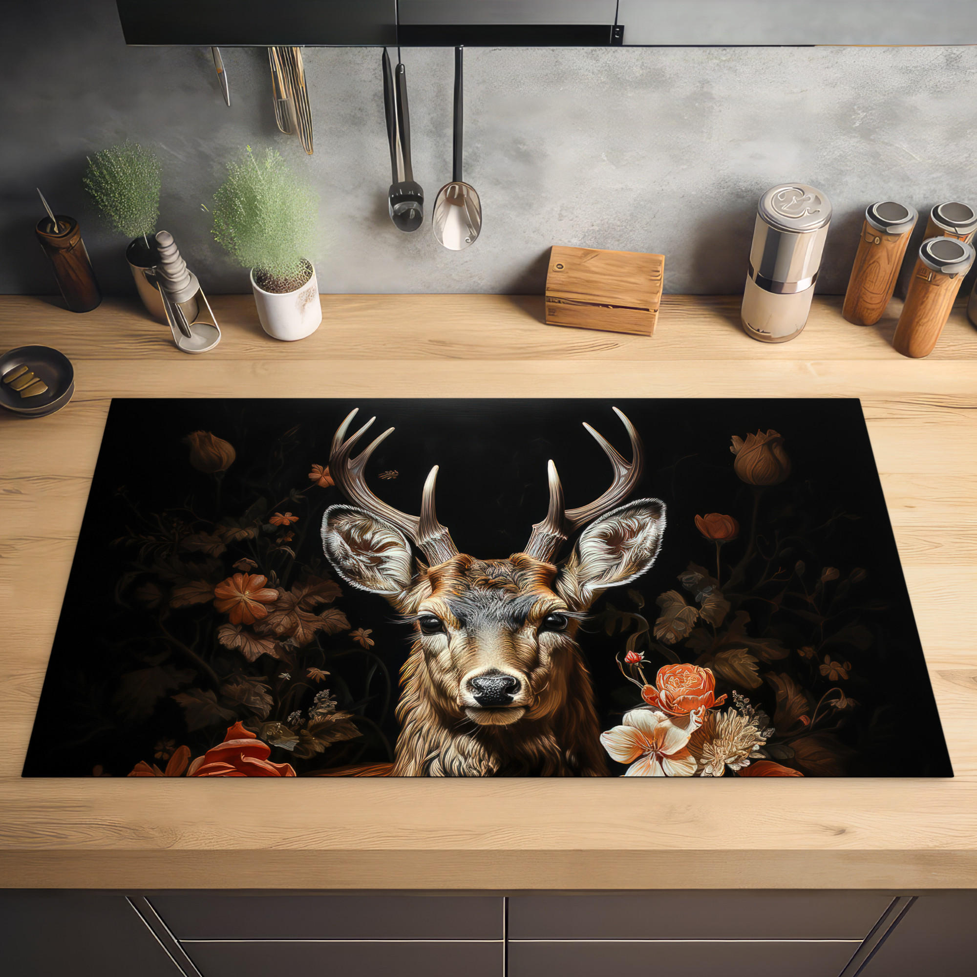 HERDABDECKPLATTE Hirsch - Tier - Blumen - Natur - Botanisch 89x51 cm - Kupferfarben, Kunststoff (89.6/0.2/51.6cm) - MuchoWow