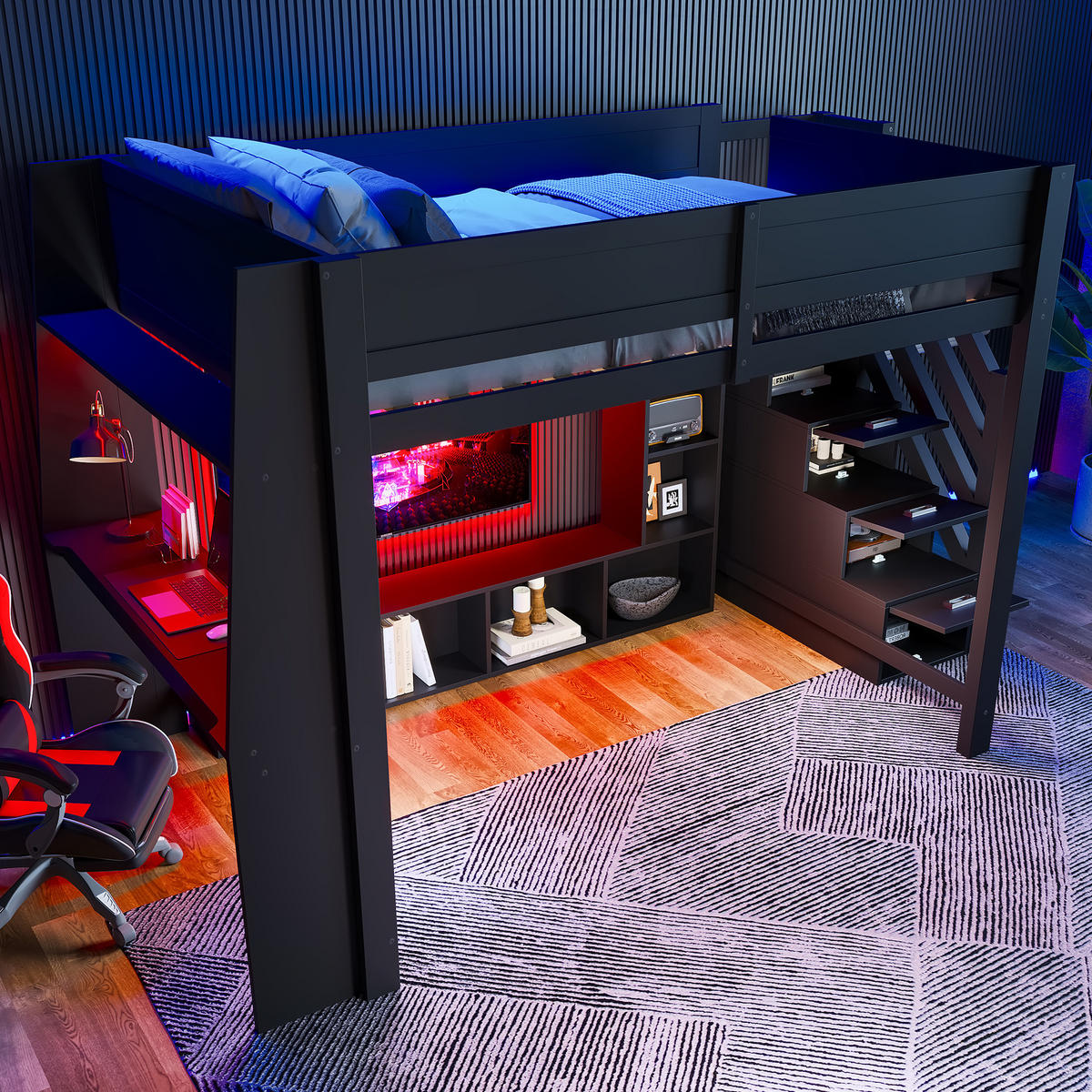 HOCHBETT 140/200 cm in Schwarz mit Schreibtisch, LED und Stauraumtreppe - Schwarz, Holz/Holzwerkstoff (140/200cm) - CHICFURN