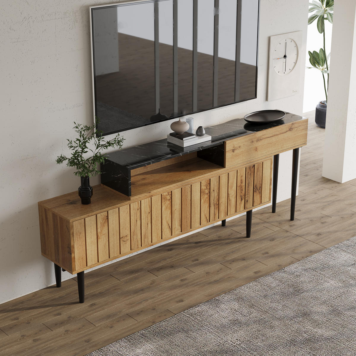 TV-STÄNDER mit Regalfächern MDF in Marmor- und Holzoptik - Braun, Holzwerkstoff (30/58/129cm) - Beauniv
