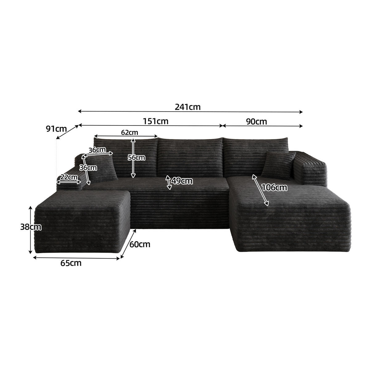 WOHNLANDSCHAFT Cord Schwarz ohne Montage - Schwarz, Textil (241/58/151cm) - WISHDOR
