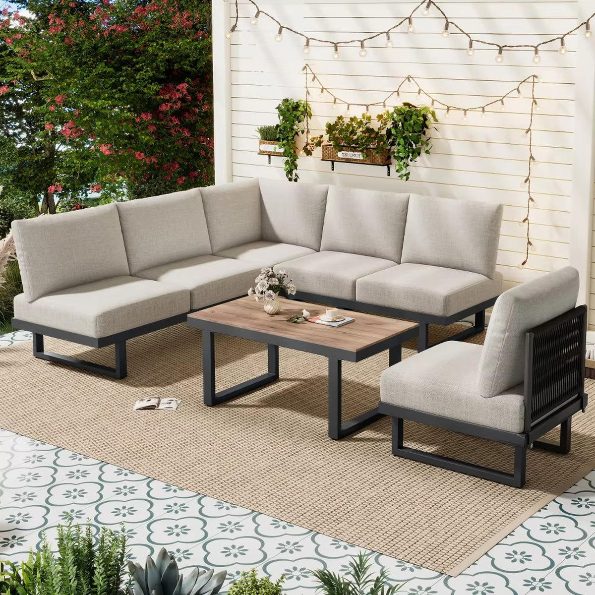 DINING-LOUNGESET 3-tlg. Ecksofa & Tisch Gartenmöbel - Beige, Textil - Kaket
