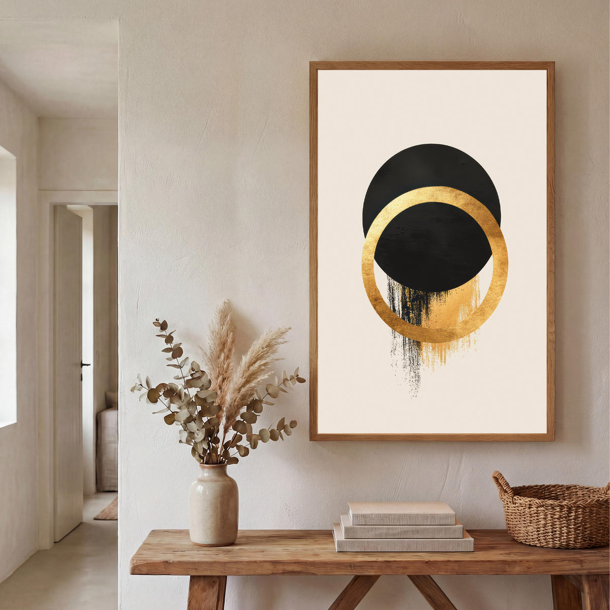 WANDLEUCHTE MIT AKKU Abstraktes Design - Schwarzer Kreis - Farbflecken 70x100 cm - Creme, Holzwerkstoff (70/100/8cm) - OnlyWow