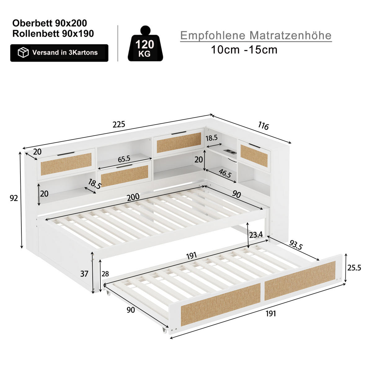 BETT 90/200 cm Weiß aus Massivholz mit Bett und Ladeanschluss - Weiß, Holz (90/200cm) - OKMYHOME