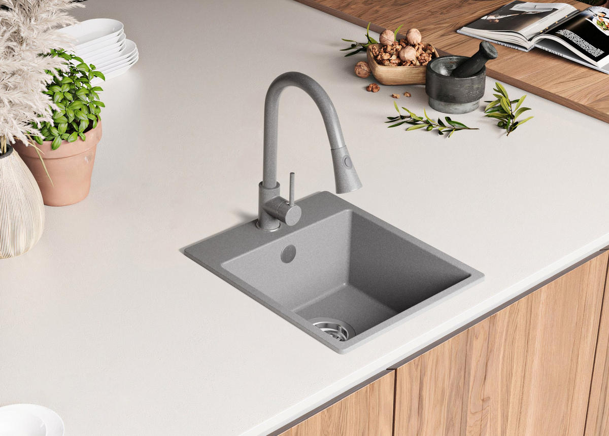 SPÜLBECKEN Riga Easy, 2-er set Grau 38/44 cm 1 Becken + Ablauf-Set ab 40er Unterschrank - Chromfarben/Grau, Kunststoff (38/19/44cm) - Primagran