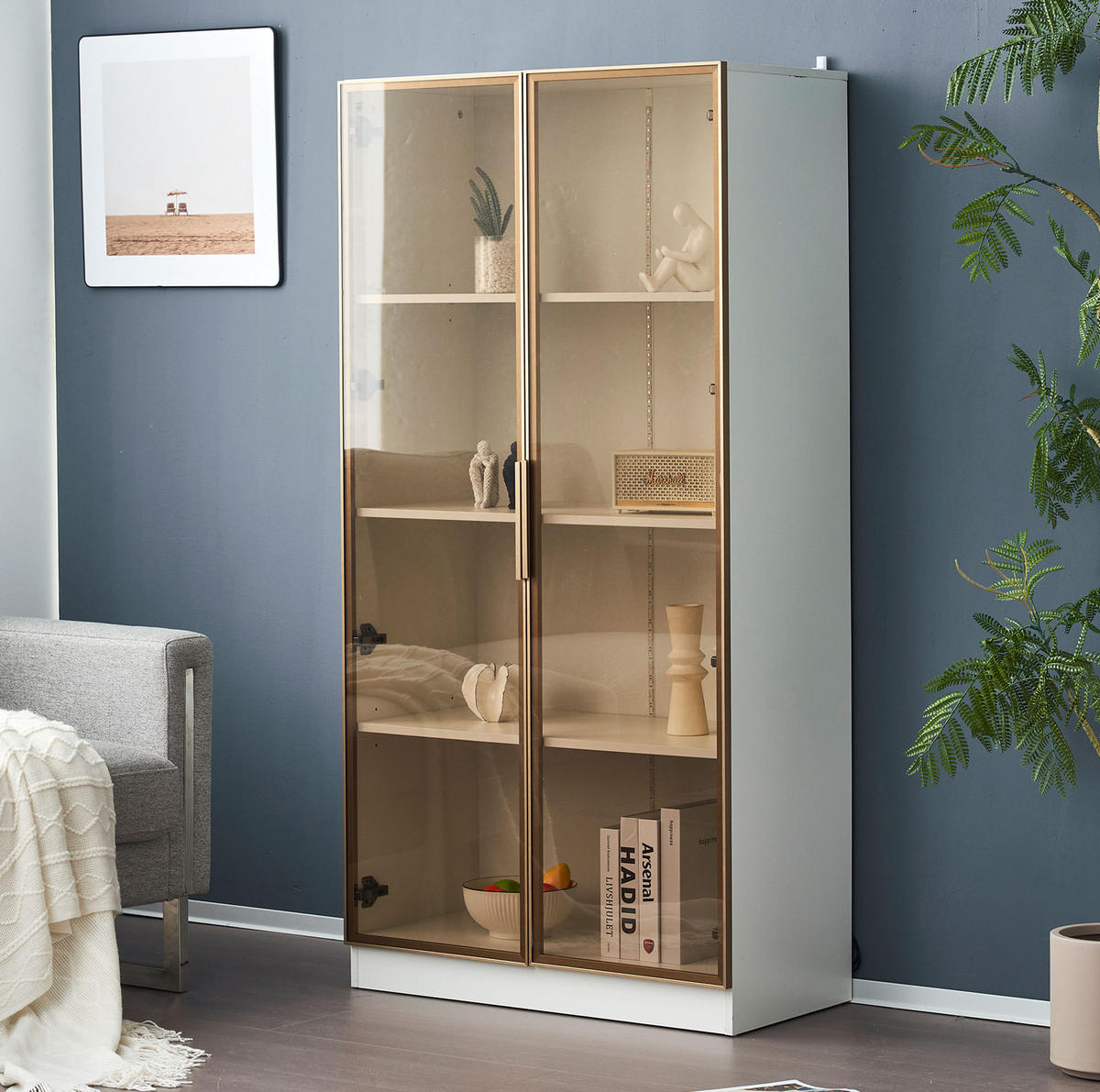 VITRINE 80/40/160 cm in Weiß mit LED-Beleuchtung und verstellbaren Einlegeböden - Weiß, Holzwerkstoff (80/160/40cm) - Flora Grace