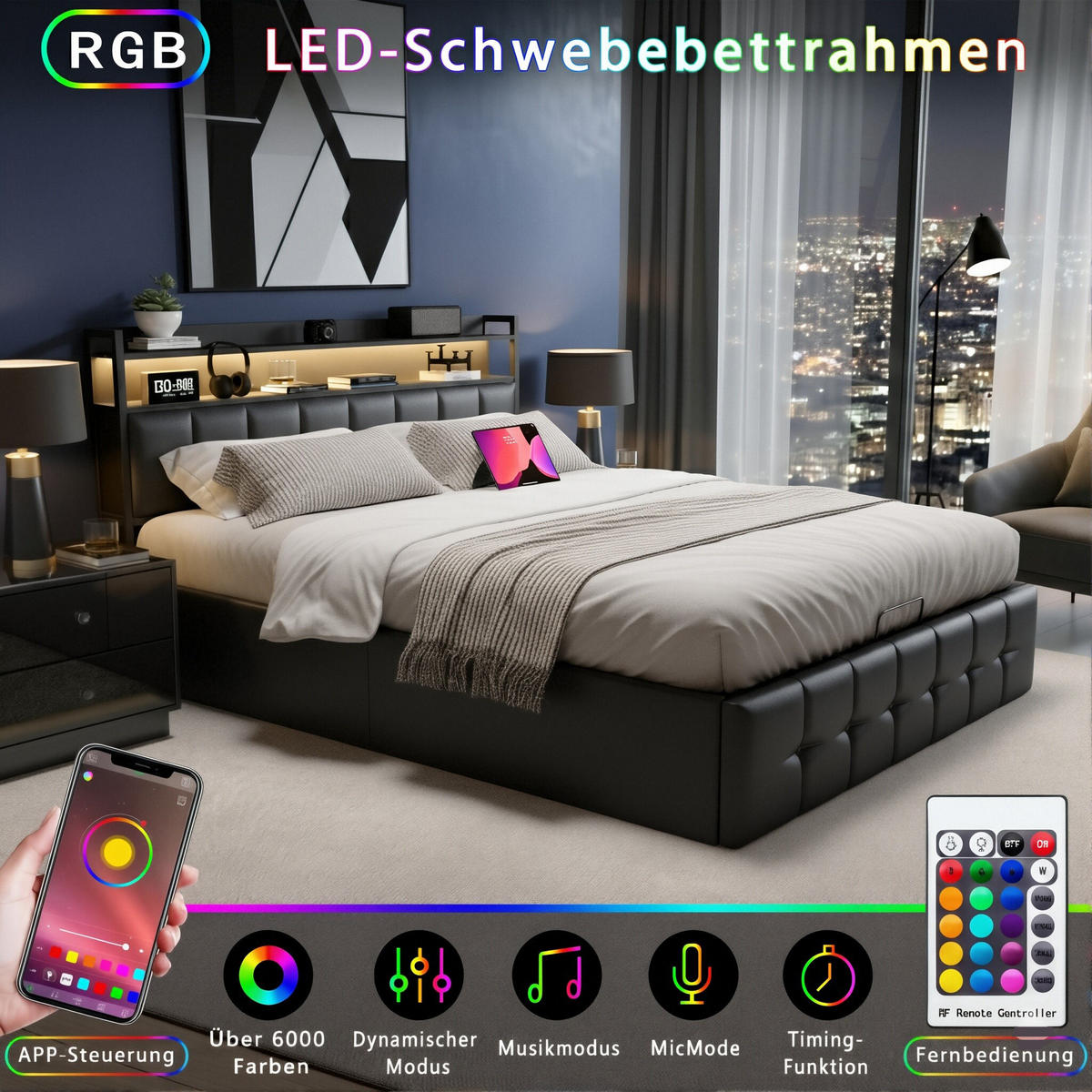 POLSTERBETT Geometrisch 140/200 cm mit Bettkasten & Regalkopfteil Kunstleder Schwarz - Schwarz, Textil (140/200cm) - Creahappy