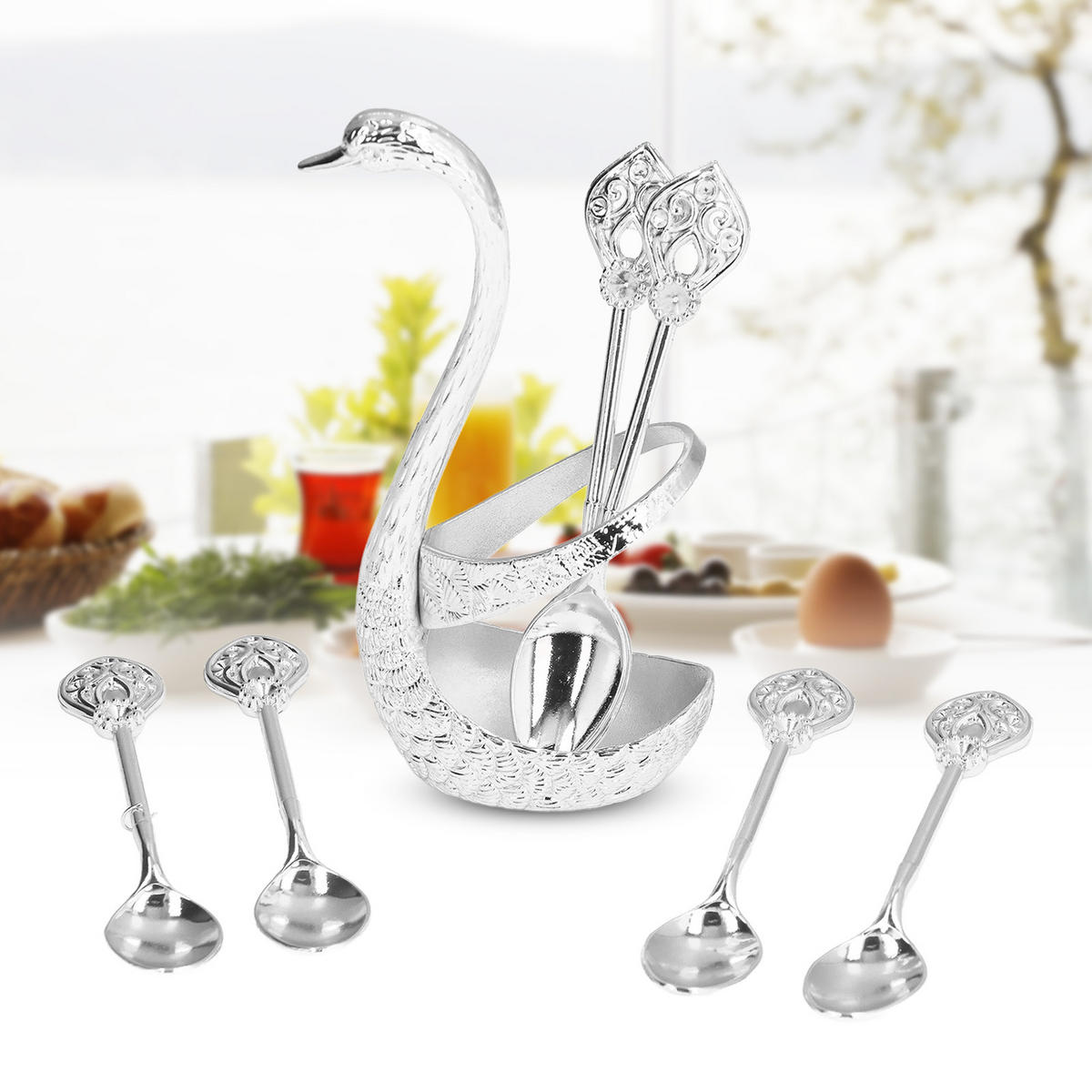 BESTECK-SET, 1 Löffelhalter, Schwan, elegant, mirror polish - Silberfarben, Metall