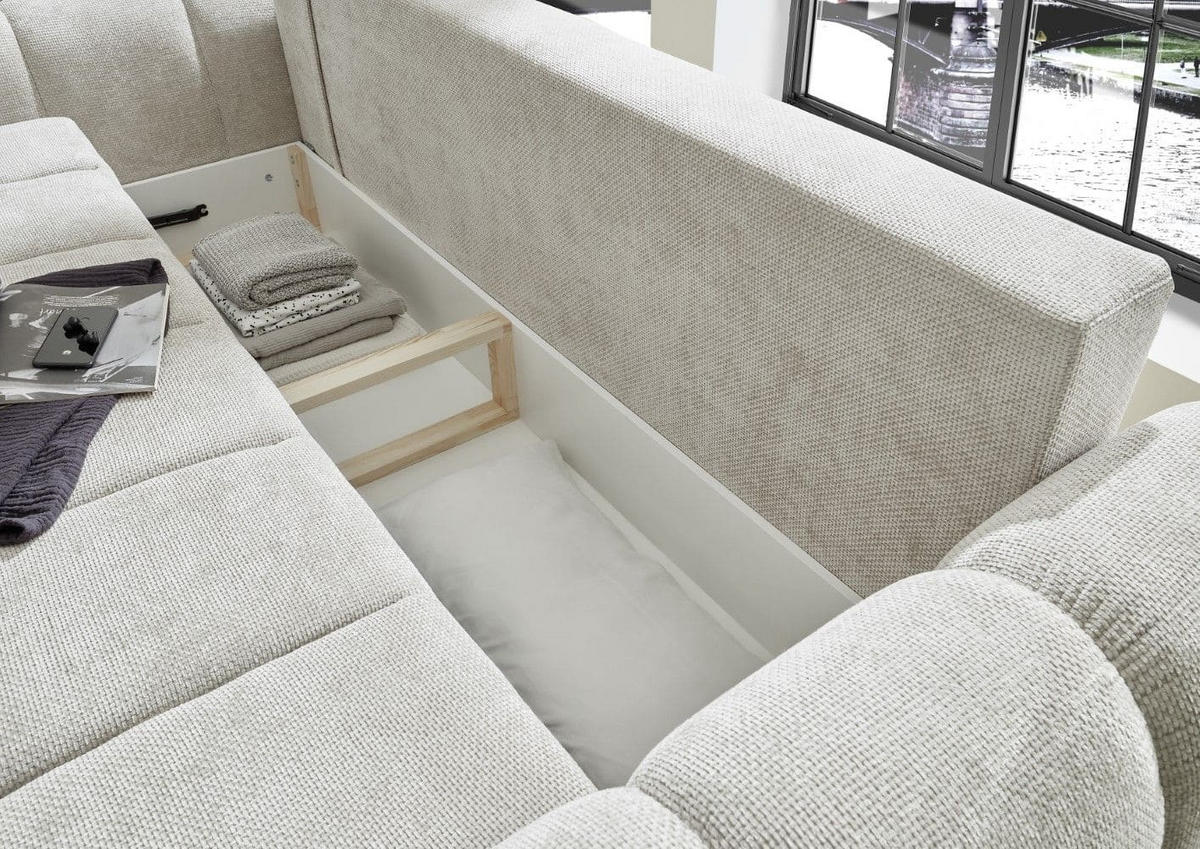 BIGSOFA mit Schlaffunktion und Bettkasten - Beige/Hellgrau, Holz/Kunststoff (256/91/112cm) - ed exciting design