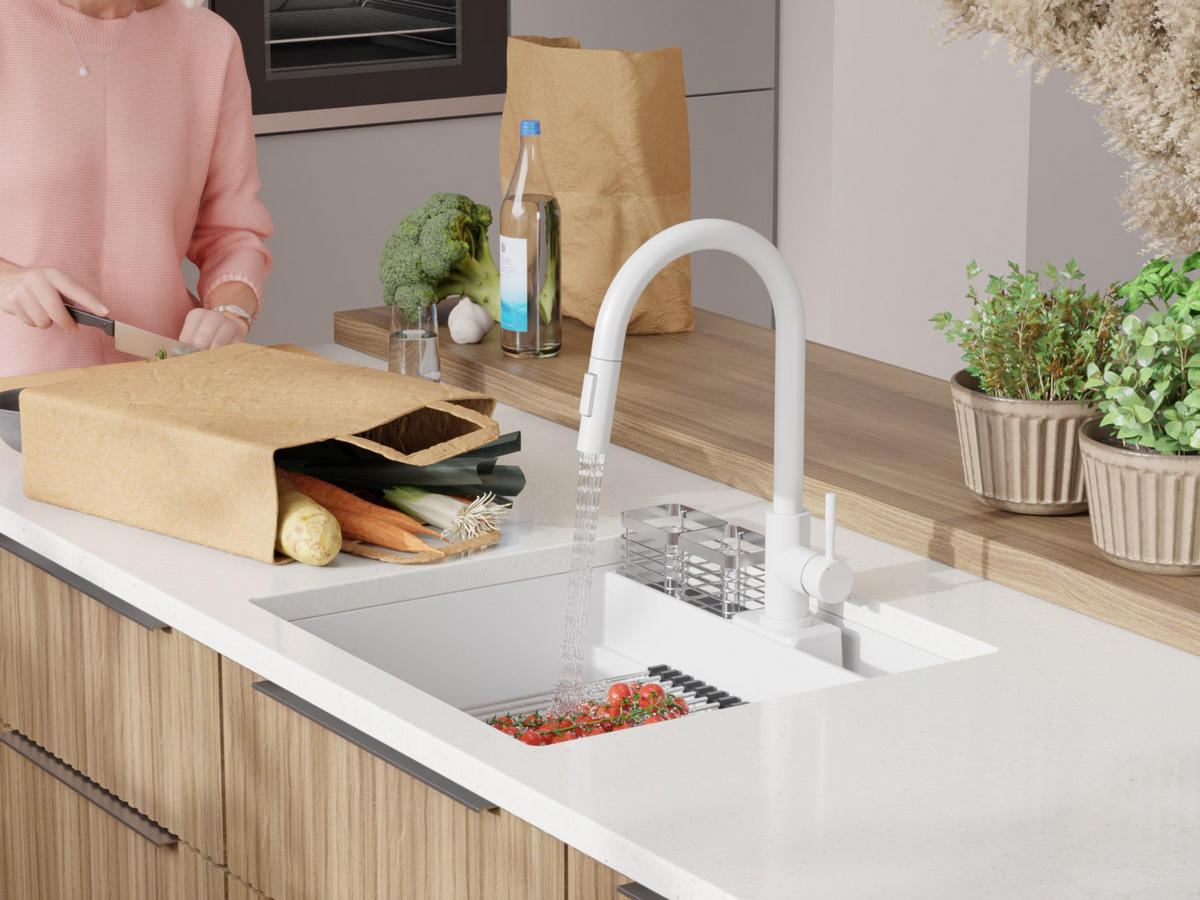 UNTERBAUSPÜLE GRANIT Bergen Pocket, 2-er set Weiß 56/54 cm 1 Becken + Ablauf-Set + Küchenzubehörset ab 60er Unterschrank - Chromfarben/Beige, Kunststoff (56/20/54cm) - Primagran