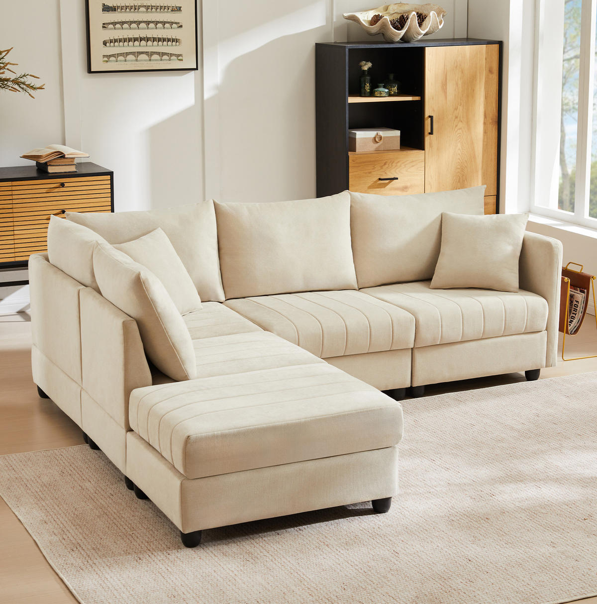 WOHNLANDSCHAFT aus Baumwolle und Leinen 220x194x85 cm in Beige mit flexiblem Hocker - Beige, Textil (194/85/220cm) - Modfu