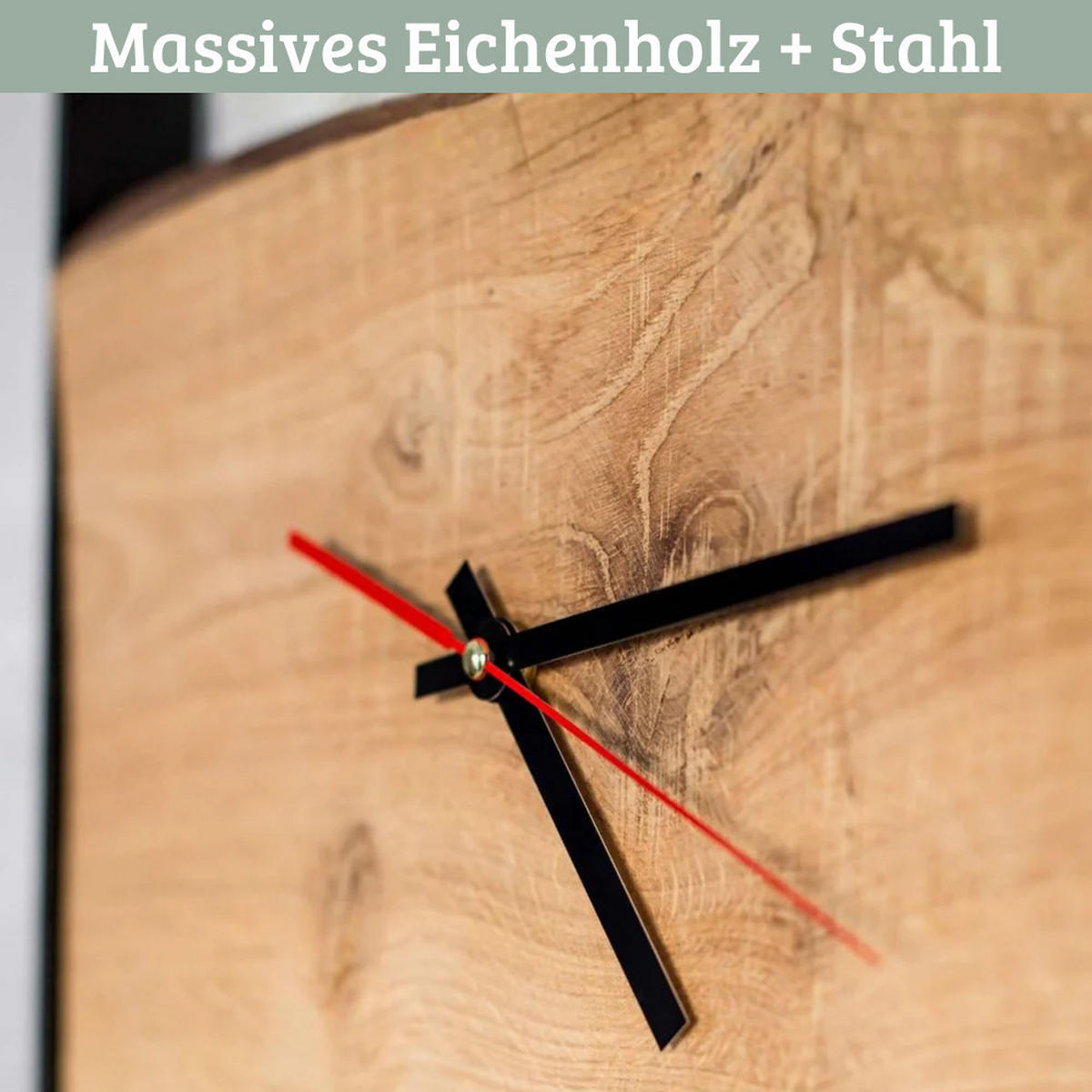 WANDUHR groß Holz EFFO HANDGEFERTIGT 37x37 cm Eiche Geräuschlos - Braun, Holz (37/37/4cm) - DELUKE