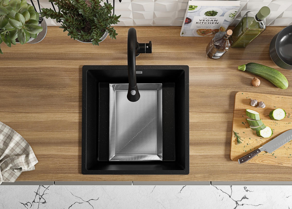 SPÜLBECKEN London Slim, 2-er set Schwarz Metallic 46/47 cm 1 Becken + Ablauf-Set ab 50er Unterschrank - Chromfarben/Schwarz Hochglanz, Kunststoff (46/20/47cm) - Primagran