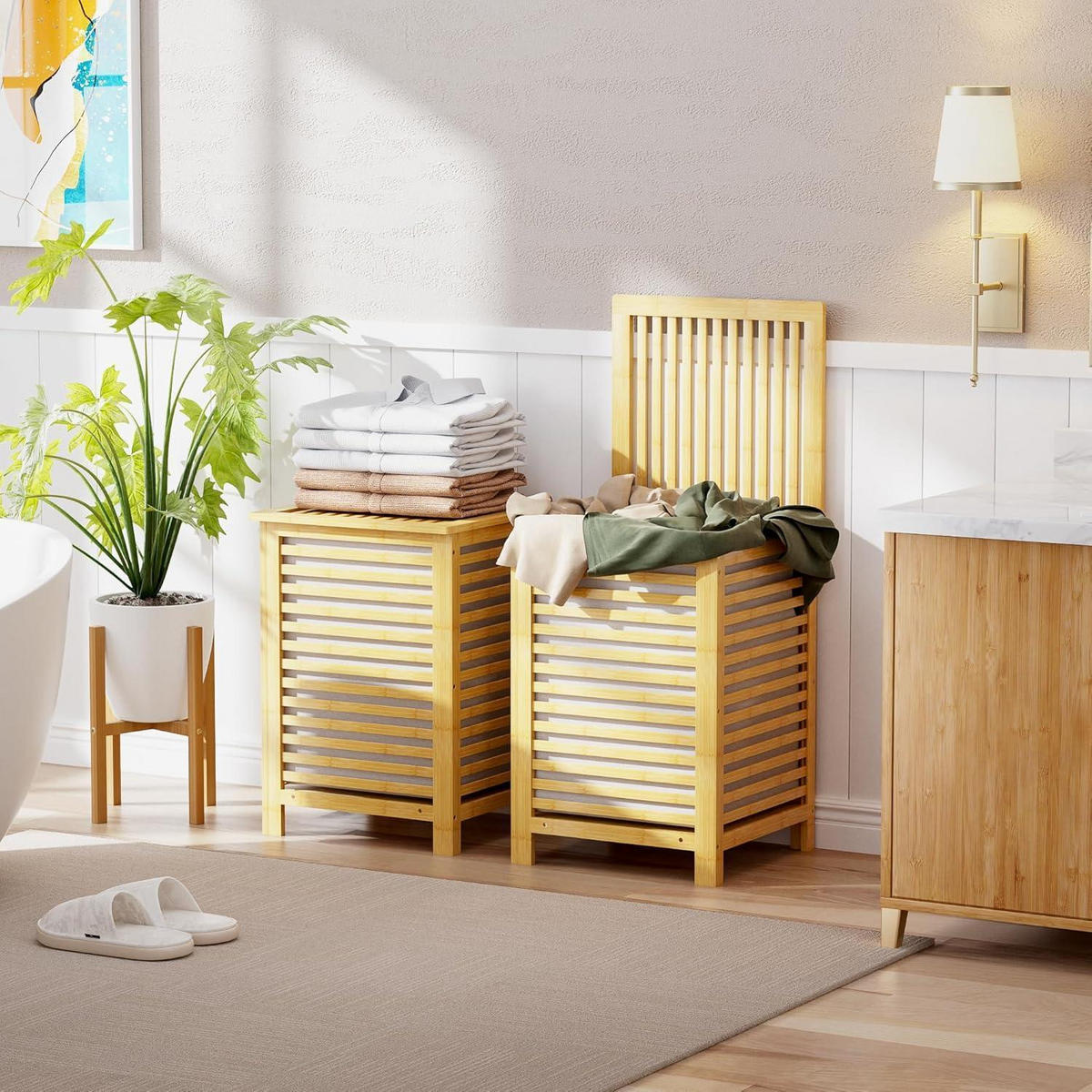 WÄSCHEKORB Bambus mit Deckel und 2 Fächern 47 x 47 x 65 cm - Braun, Naturmaterialien (65/65/47cm)