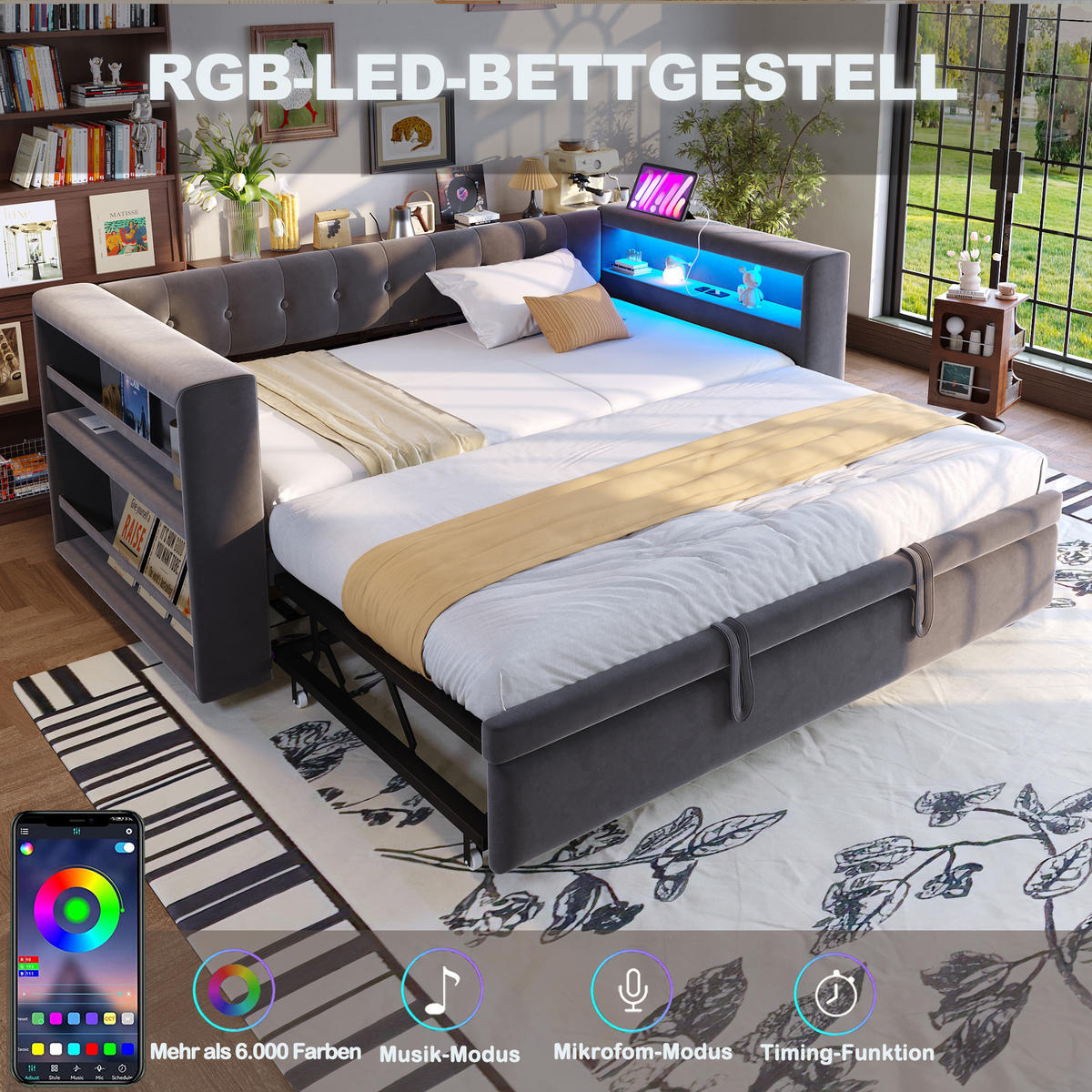 POLSTERBETT 90/180x190 Dunkelgrau LED Stauraum - Dunkelgrau, Textil (180/190cm) - FLIEKS