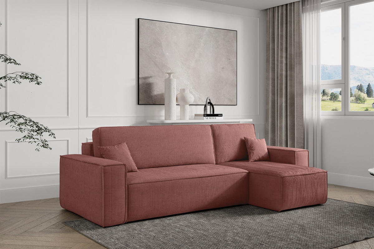ECKSOFA Scarlo Dunkelrosa Cordbezug - Dunkelrosa/Schwarz, Kunststoff/Textil (244/145cm) - Selsey