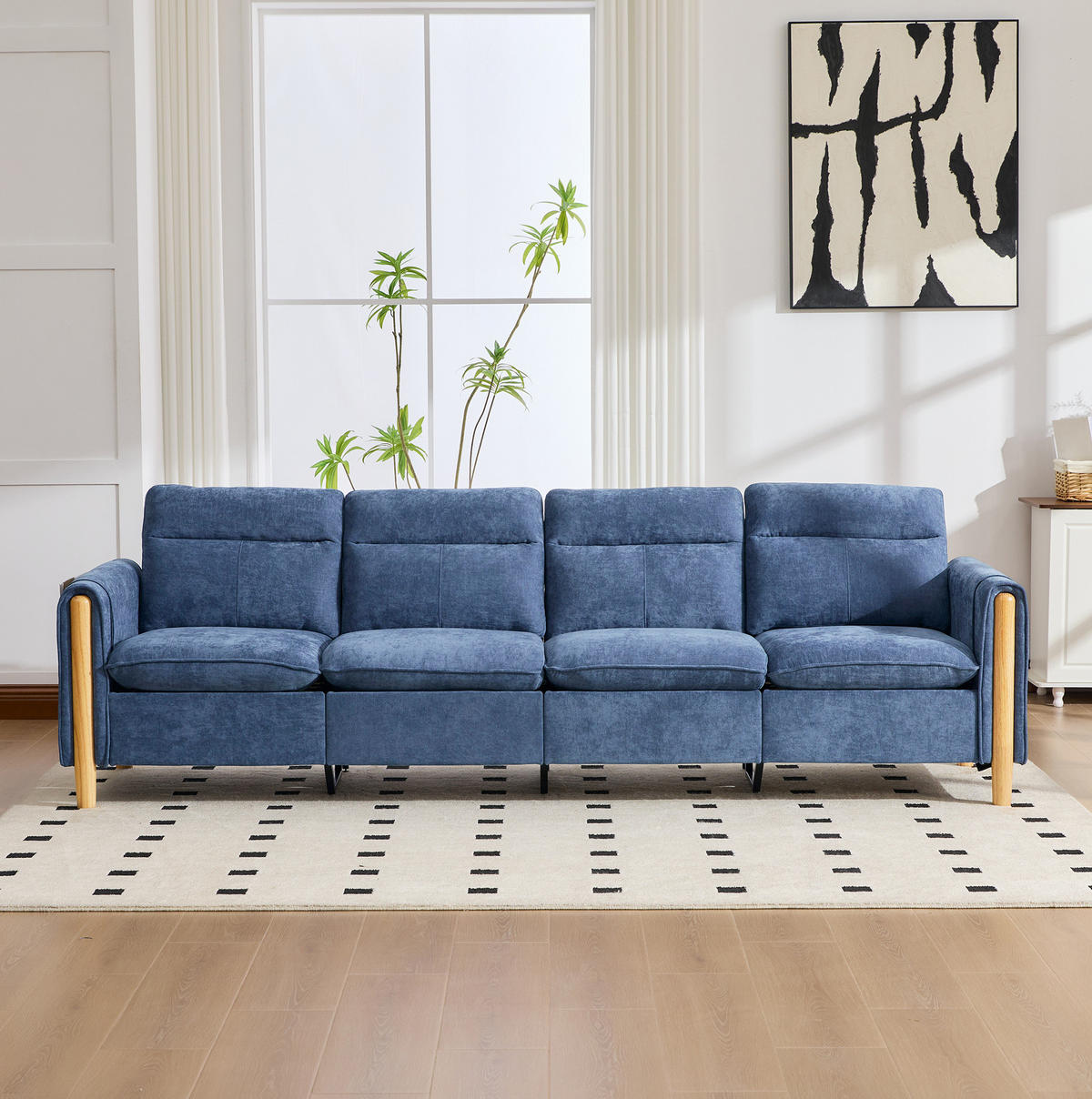 SOFA 261/77/86 cm in Blau aus Chenille, modular mit 2 Hockern und Stauraum - Blau, Textil (77/86/261cm) - Flora Grace