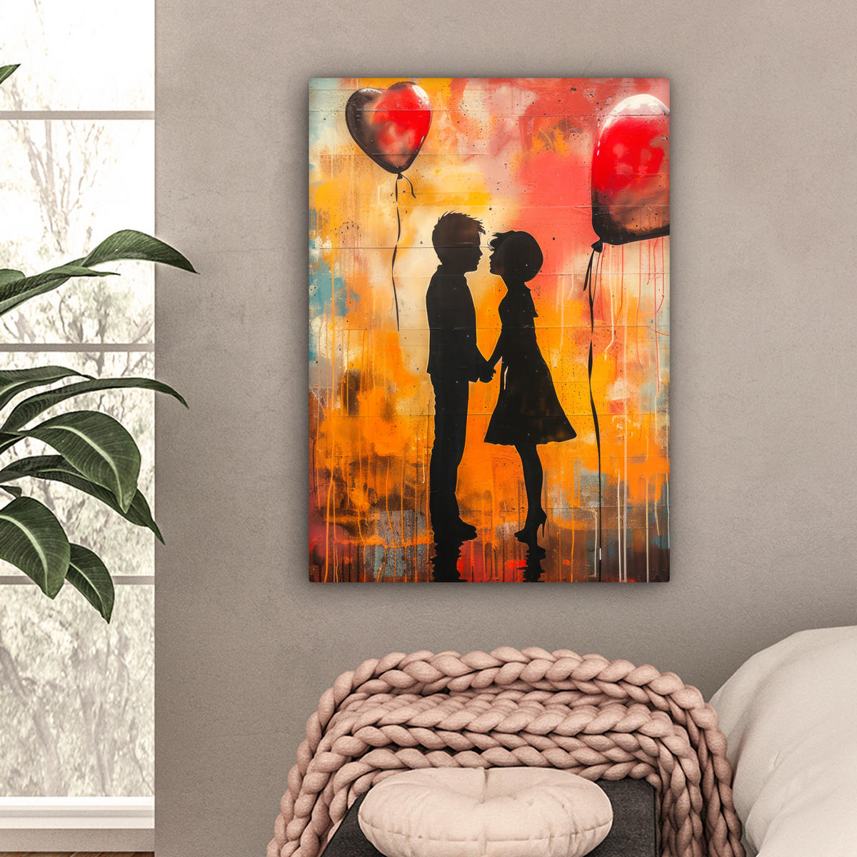 LEINWANDBILD Straßenkunst - Liebe - Graffiti - Kunst - Banksy Wandbild Wohnzimmer 60x80 cm - Orange, Textil (60/80cm) - MuchoWow