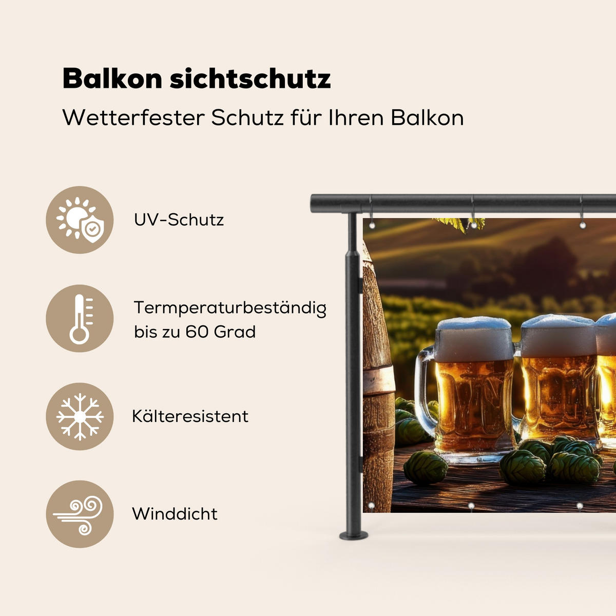 BALKON-SICHTSCHUTZ Bier - Hopfen - Landschaft - Grün, Kunststoff (200/110cm) - MuchoWow