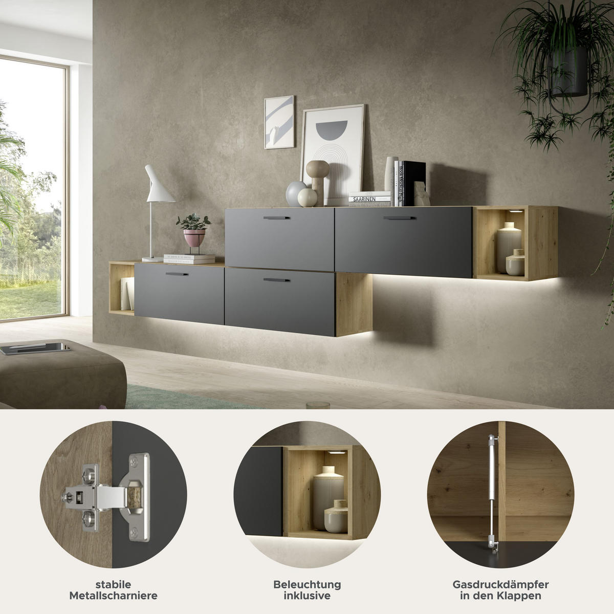 WOHNWAND INKL BELEUCHTUNG The One Basalt grau 276/34/97 cm - Braun, Holzwerkstoff (276/97/34cm) - Xonox