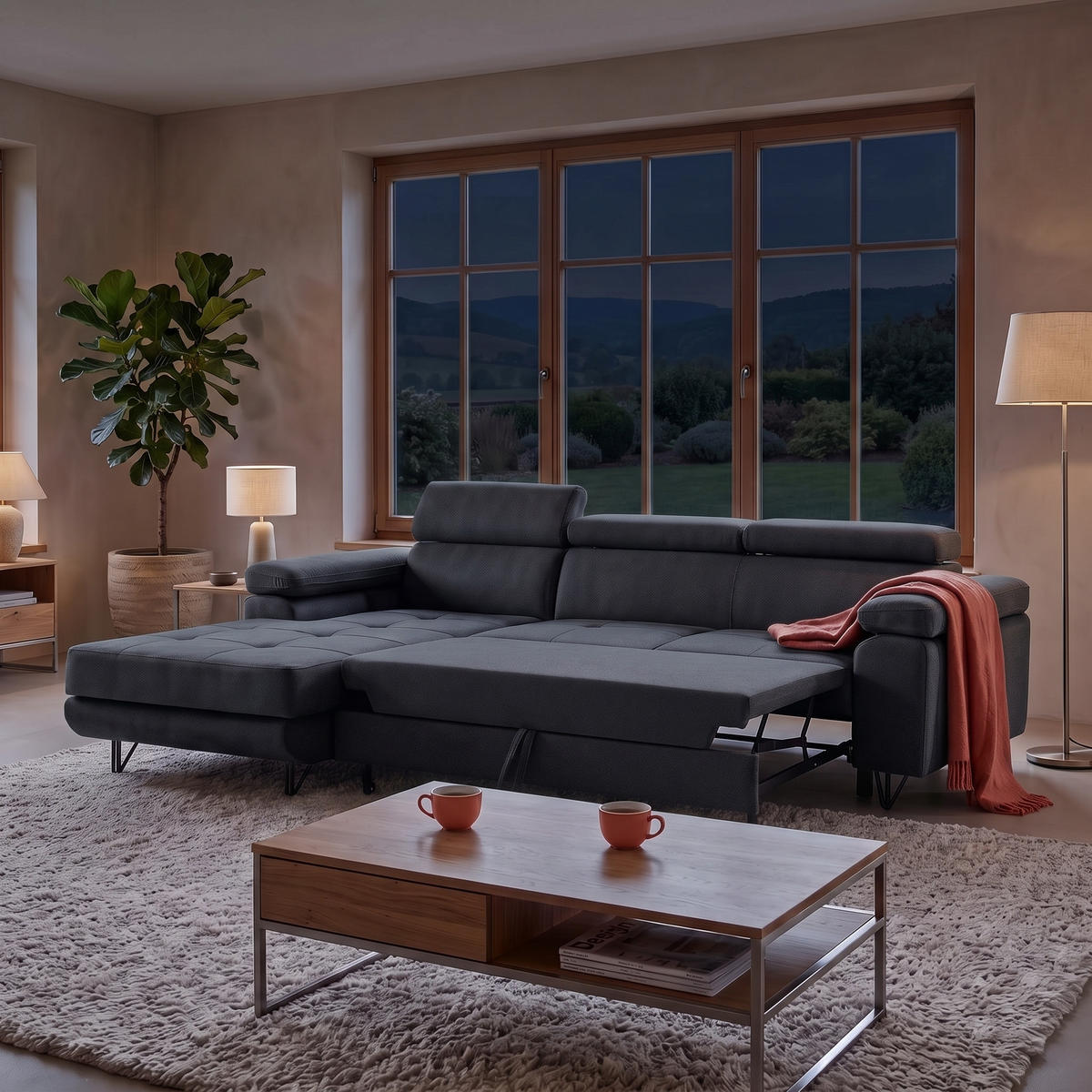 ECKSOFA NORIS L Links mit Schlaffunktion 128x203 Velours Dunkelgrau - Dunkelgrau/Schwarz, Holz/Textil (250/183cm) - Muffo