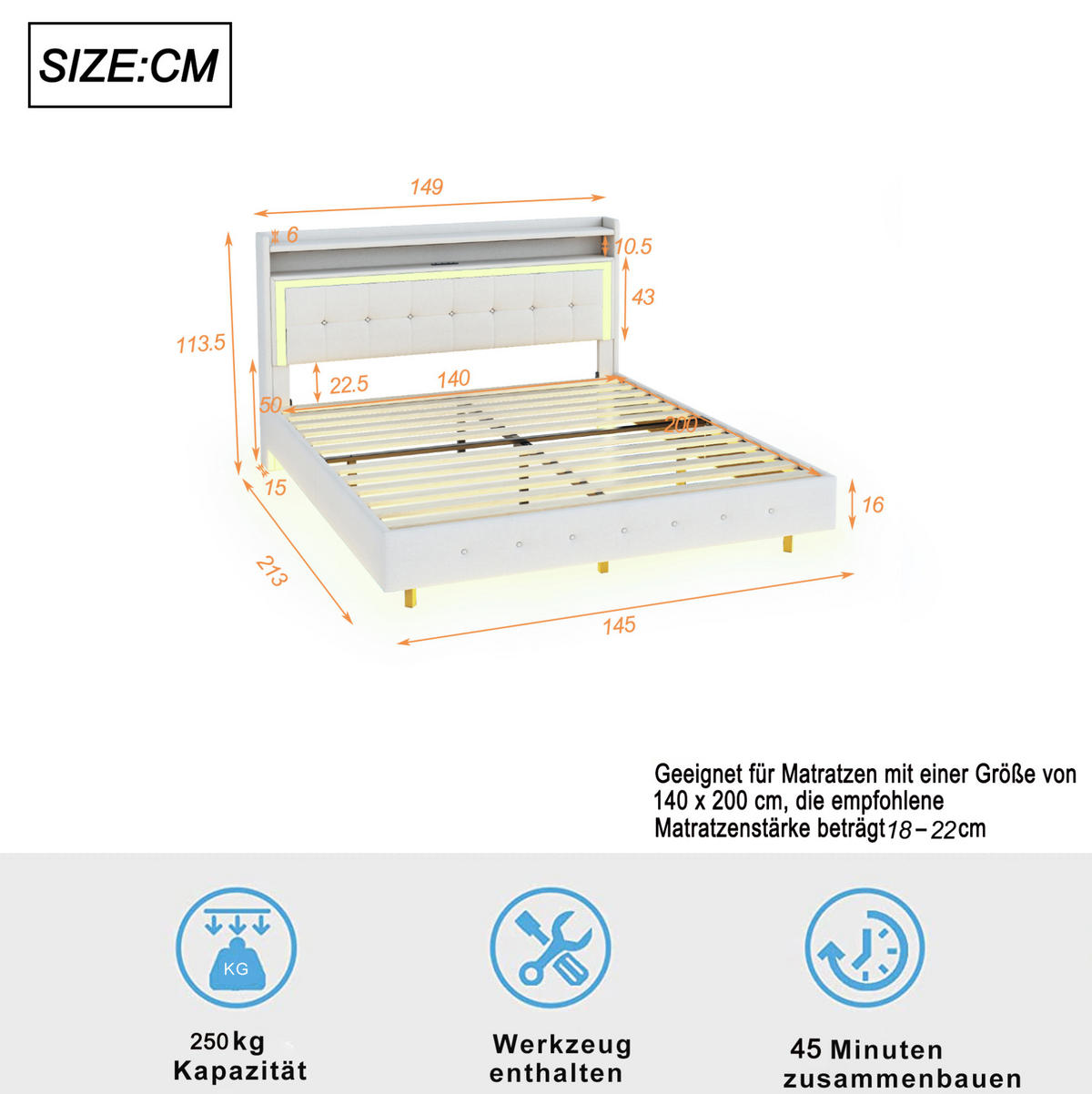 POLSTERBETT mit USB und LED 140x200 cm Leinen Beige - Beige, Holz (140/200cm) - Meubliv