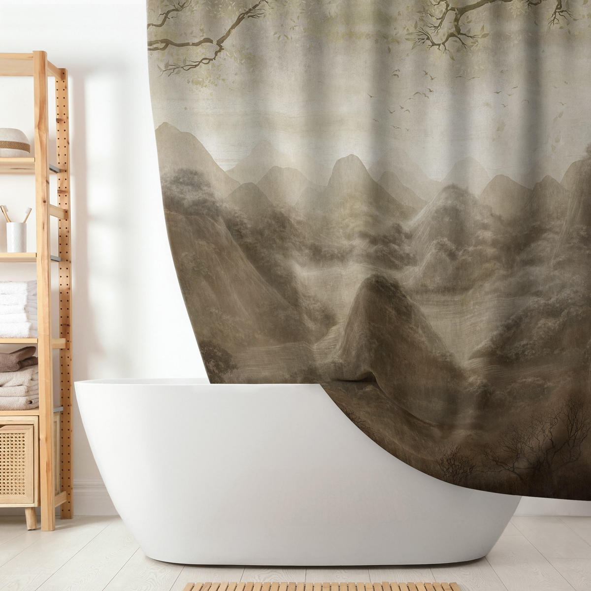 DUSCHVORHANG Blick durch Zweige auf die Berge braun 180/180 cm - Braun, Textil (180/180cm) - Bilderwelten