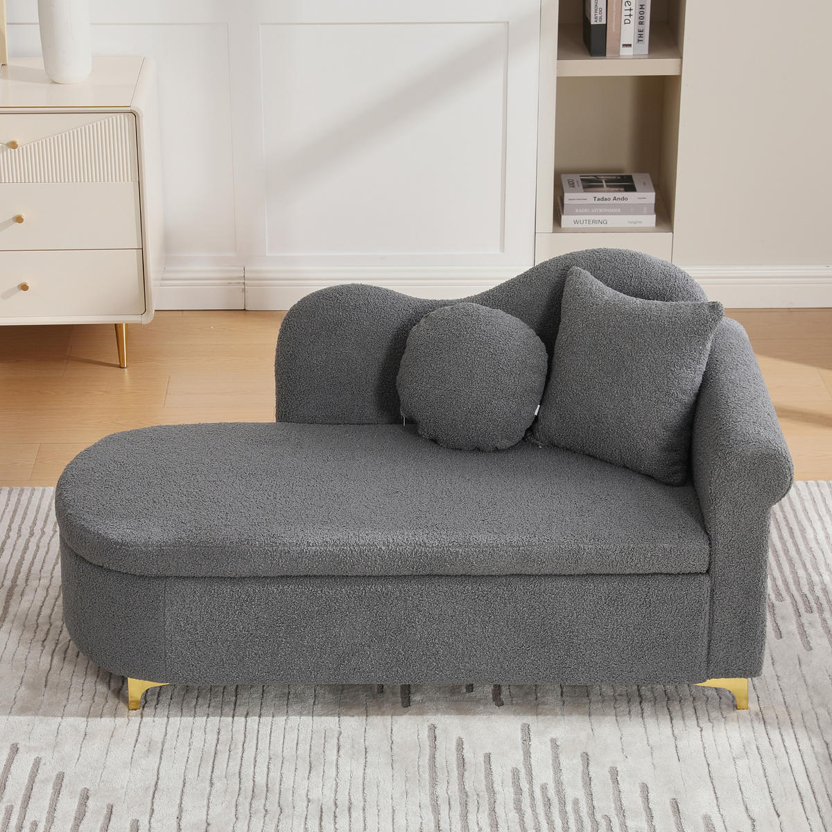 LEŽALJKA u antikno sivoj boji sa spremnikom, izgled ovčjeg runa - tamno siva/zlatne boje, drvni materijal/tekstil (64/70/134cm) - CHICFURN