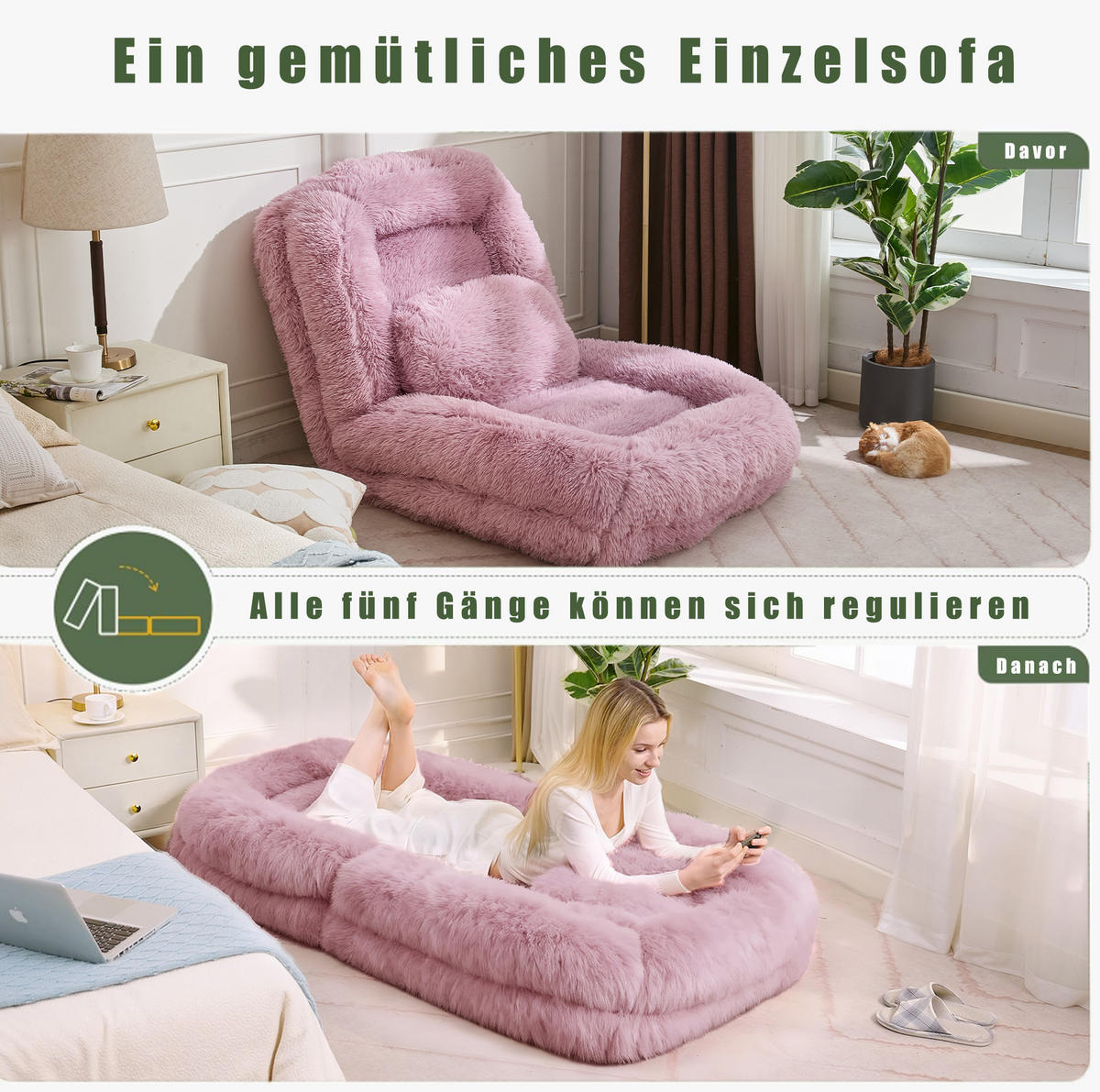 BODENSOFA mit 5-fach verstellbarer Rückenlehne 102 x 89 x 88 cm Pink - Pink, Kunststoff (89/88/102cm) - Beauniv