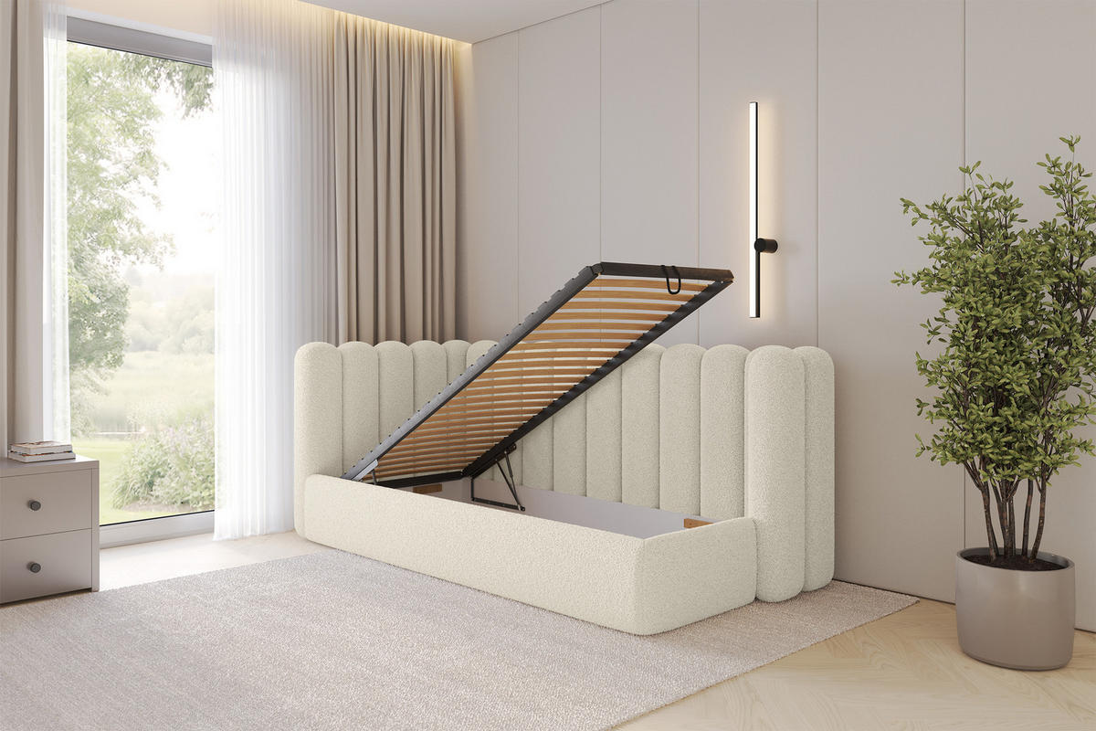 EINZELLBETT Jugendbett mit Bettkasten und Matratze H3/H4, Rechts - HUGY 90x200 Beige - Perlmutt, Holzwerkstoff/Textil (90/200cm) - ALTDECOR