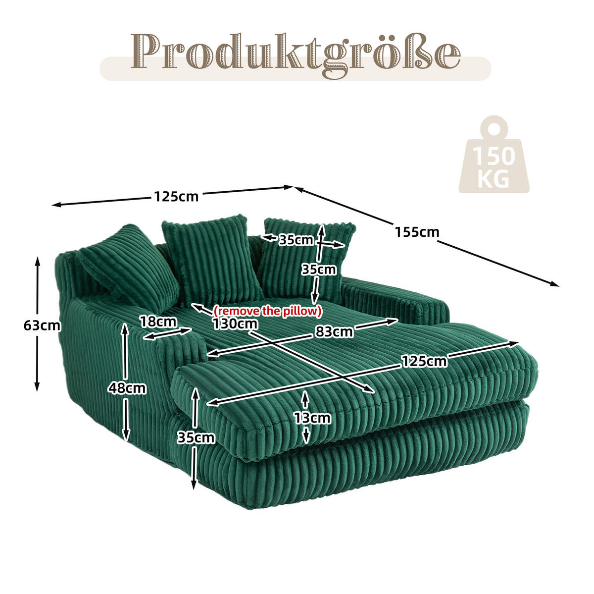 BIGSOFA Chaiselongue Cord mit 3 Kissen bodennah und ergonomisch 125/155/63 cm Smaragdgrün - Smaragdgrün, Textil (63/125/155cm) - Redom