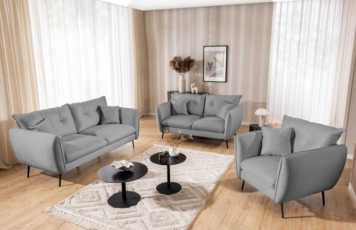 SITZGARNITUR 3+2+1 Nordloft Hellgrau Samt - Hellgrau/Schwarz, Holz/Textil (204/86/100cm) - S-Style Möbel
