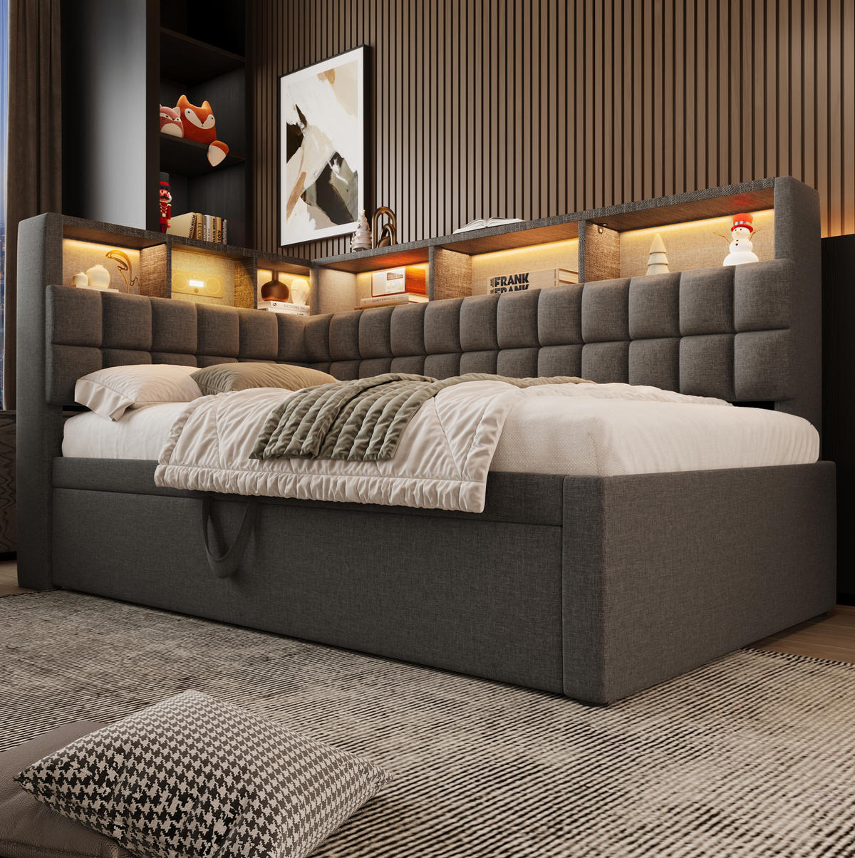 POLSTERBETT 90/180x200 cm in Grau mit LED-Beleuchtung und USB- und Type-C-Anschlüssen - Grau, Textil (90/200cm) - Flora Grace