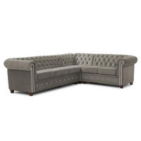 ECKSOFA Chesterfield Cleo Blink Grau Samt mit Kristallsteppung und braunen Massivholzfüßen - Ottomane Rechts - Braun/Grau, Holz/Textil (264/210cm) - S-Style Möbel