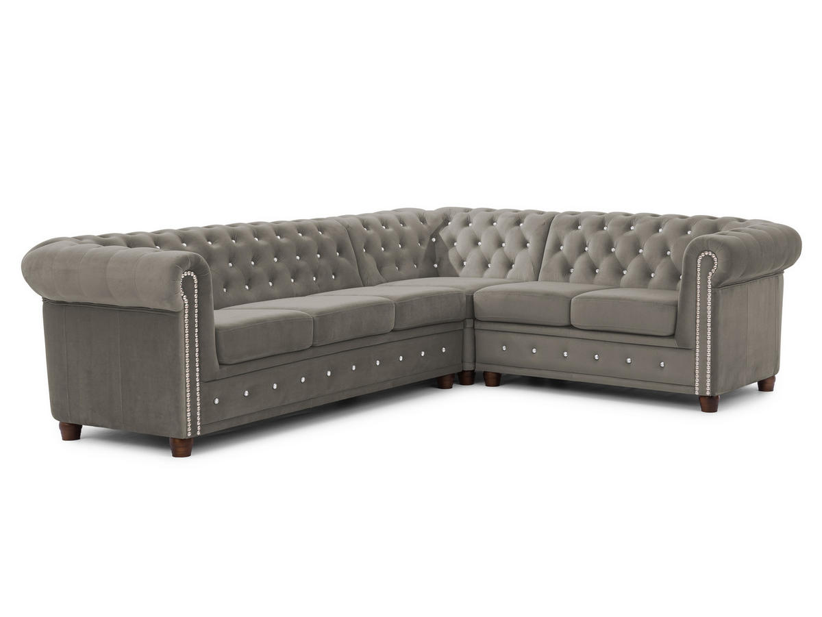 ECKSOFA Chesterfield Cleo Blink Grau Samt mit Kristallsteppung und braunen Massivholzfüßen - Ottomane Rechts - Braun/Grau, Holz/Textil (264/210cm) - S-Style Möbel