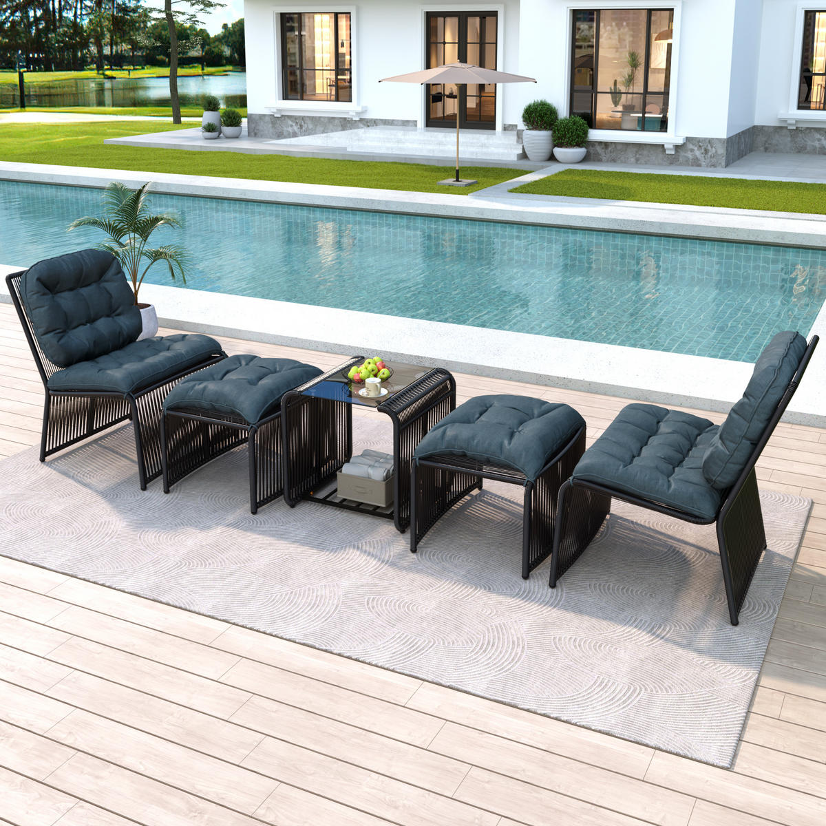 GARTENSET Rattan 5 tlg Tisch Stühle Hocker - Schwarz, Metall - LEBENLANG