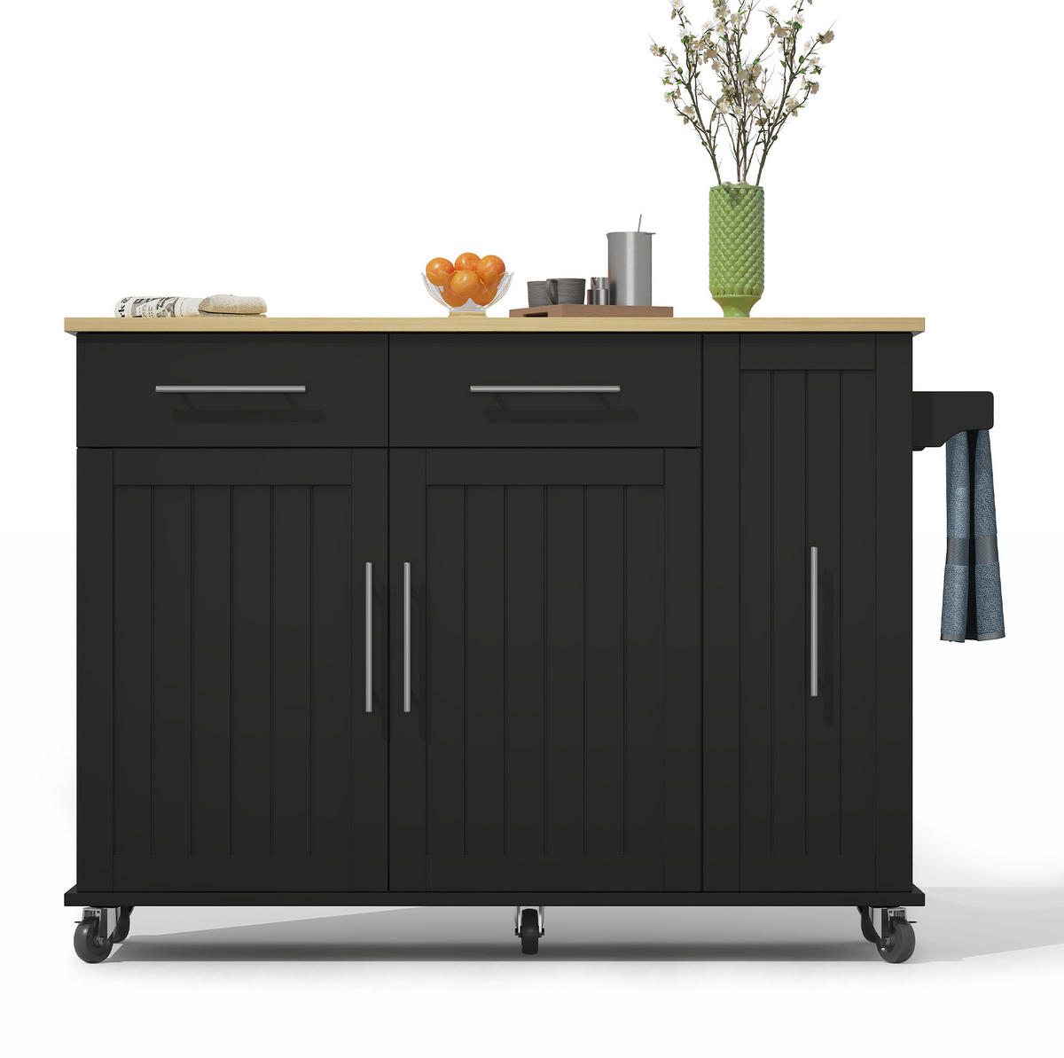 KÜCHENINSEL 120/40(65)/90 cm mit klappbarer Arbeitsplatte, 3-stufigem Auszug und Rollen, MDF, Schwarz/Natur - Schwarz, Holzwerkstoff (120/90/65cm) - Redom