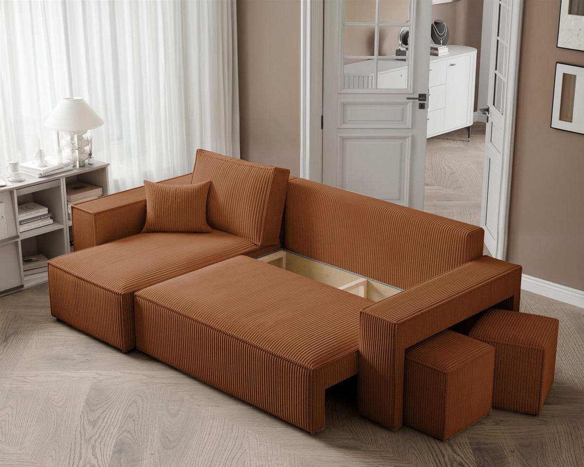 ECKSOFA Adara Inkl. Hocker - Hellbraun, Holzwerkstoff/Textil (262/145cm) - Fun Möbel