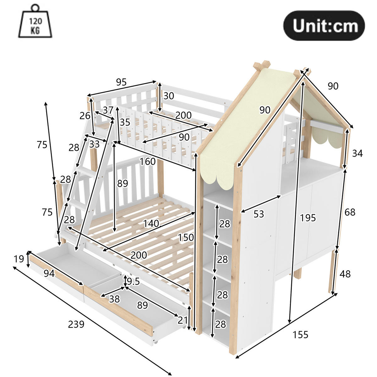 ETAGENBETT 90/200 cm + 140/200 cm weiß mit zwei Schubladen und Hausdach - Weiß, Holz (90/200cm) - OKWISH