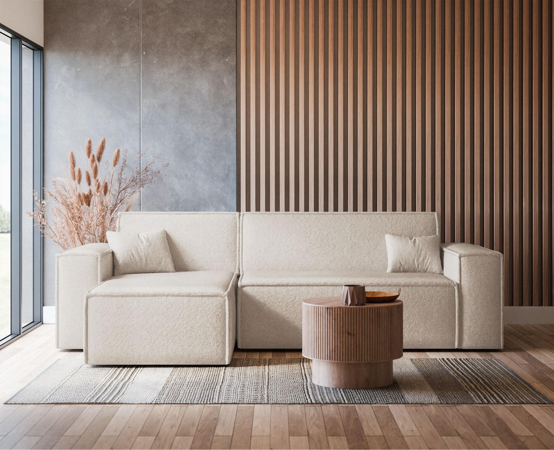 ECKSOFA Scarlo Creme Bouclé-Bezug - Creme/Schwarz, Kunststoff/Textil (244/145cm) - Selsey